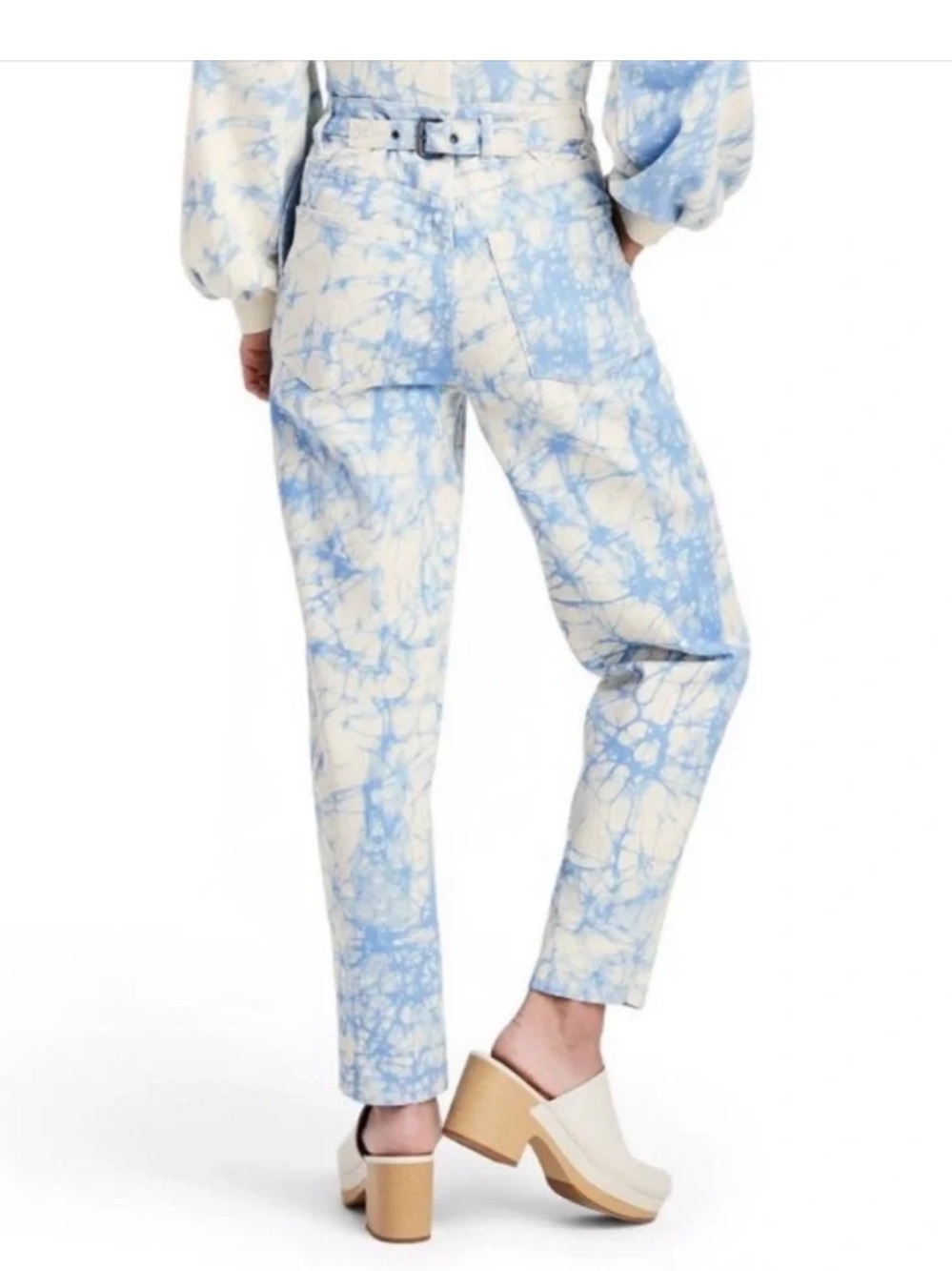 Rachel Comey Back Buckle Tie-Dye High-Waist Ankle Jeans in Blue & White